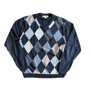 Pronto Uomo Mens Argyle V-Neck Sweater Charcoal Grey Cotton Cashmere Blend Large